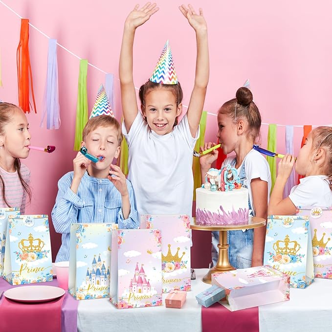 Nezyo 32 pcs Princess Prince Party Favor Bags Princess Themed Crown Castle Bags include 4 Style Sticker Handles Candy Goodie for Gender Reveal Girl Boy Birthday Supplies
