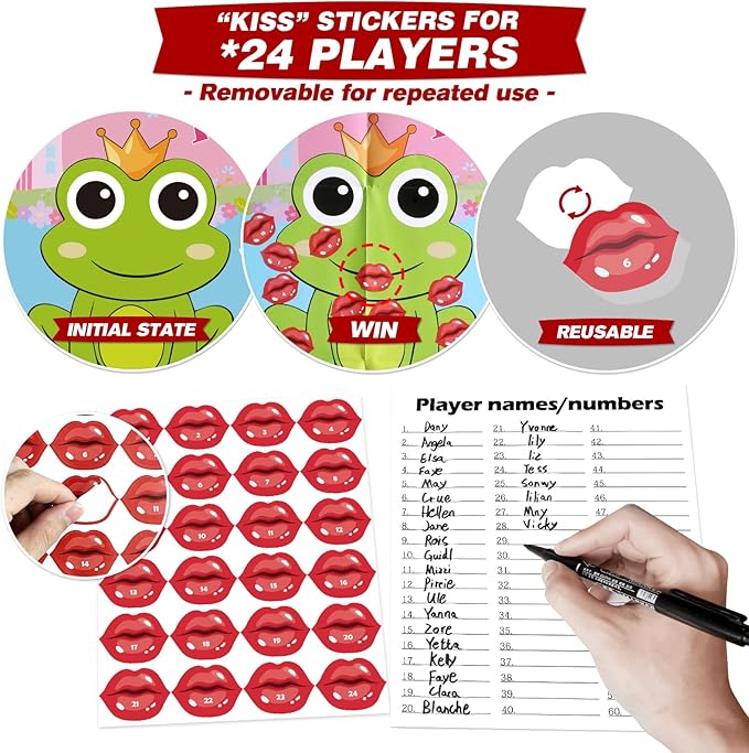 PARTYLOUD Valentine Party Games, Pin The Kiss on The Frog, 24 PCS Valentine Party Games Classroom Toddlers Preschool Party Supplies Favors for Boys Girls Adults