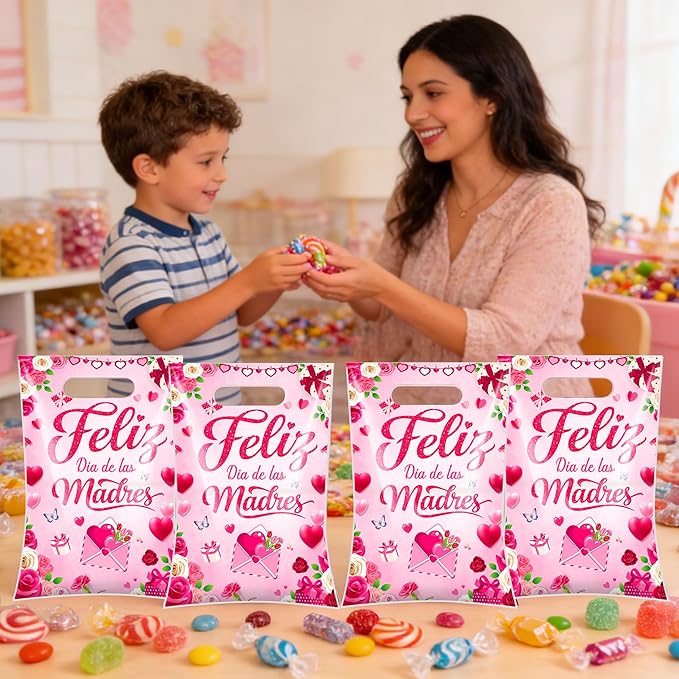 Hokinaa Mothers Day Gift Bags - 50 Pcs Feliz Día de Las Madres Bolsas de Regalo Spanish Happy Pink Floral Flower Large Plastic Goodie Treat Party Favors Snack Candy Bag Bulk with Handles for Women Mom