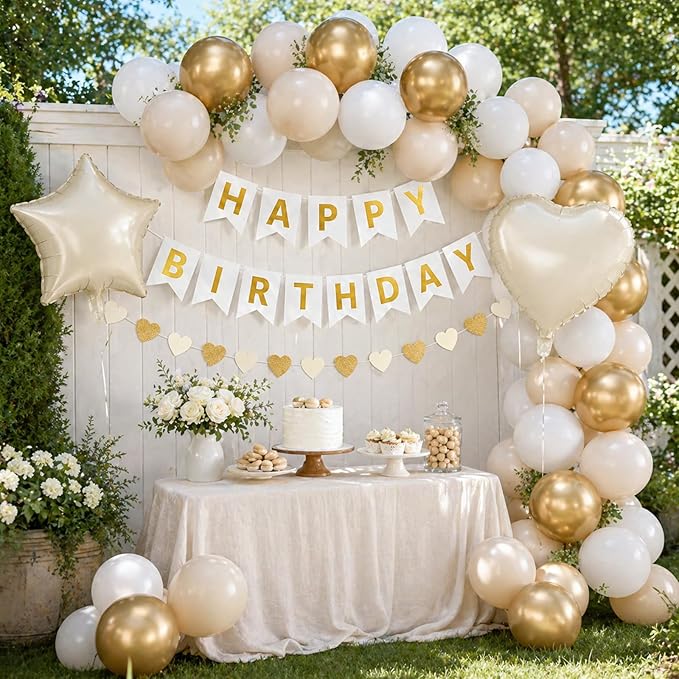 White and Gold Birthday Party Decorations for Women Girls Metallic Gold White Sand Balloon Set with Star Heart Foil Balloons Happy Birthday Bunting Banner Garland Neutral Cream Beige Party Decor Kit