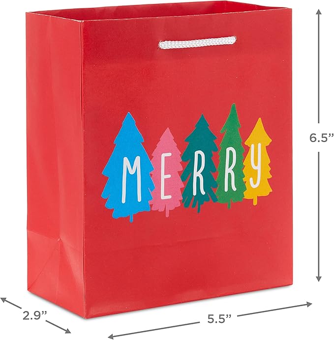 Hallmark 6" Small Christmas Gift Bags for Kids (8 Bags: Rainbow Candy, Donut Tree, Merry, Cute Pug Puppy) for Gift Cards, Holiday Party Favors, Teacher Presents