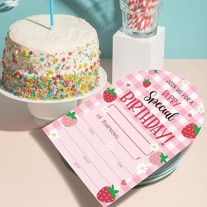 Special Berry Birthday Party Invitations, Strawberry Party Invitations for Girls, 20 Fill-In invites with Envelopes, Strawberry Theme Birthday Party Favor & Decoration (arch)