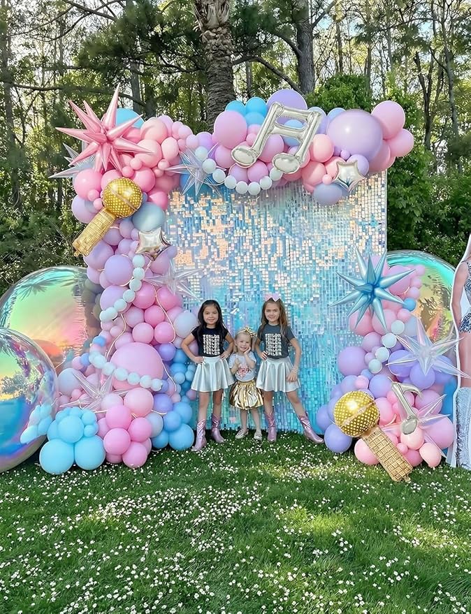 Pink Purple Blue Balloon Garland Arch Kit, Pastel Balloons with Microphone, Music Notes & Star Foil Balloons for Girls Birthday, Karaoke, Pop Music Theme Party Decorations