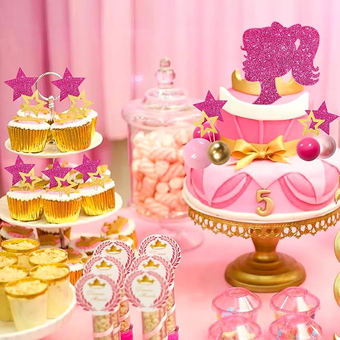 MEMOVAN Hot Pink Girl Cake Toppers 36pcs Ball Cake Decorations with Hot Pink Gold Balls Shiny Stars for Boho Girl Pink Princess Theme Wedding Baby Shower Birthday Party Supplies