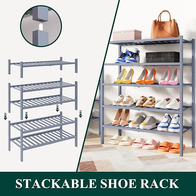 Smiry Small Bamboo Shoe Rack, 6 Tier Free Standing Wooden Shoe Organizer, Stackable Wood Shoe Storage Shelf for Closet, Entryway, 14 Vertical Slats, 2+2+2 Stack Thicker Legs, 17.3"x11"x39", Grey