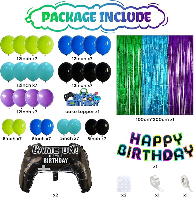 Video Game Birthday Decorations for Boys, Purple Blue Green Black Latex Balloons Gaming Controller Foil Balloons Happy Birthday Banner Fringe Curtain Cake Topper for Kids Boy Game Night Party Decor