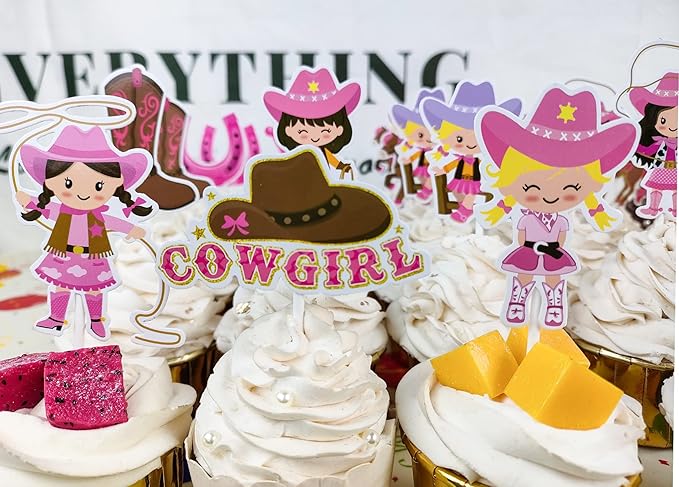 36Pcs Cowgirl Cupcake Toppers Western Theme Cake Decorations Pink Cowgirl Cupcake Toppers for Western Cowgirls Birthday Party Baby Shower Supplies