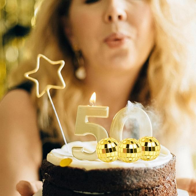 24 PCS Gold Disco Ball Cupcake Toppers, Disco Ball Cake Topper, Mini Disco Ball for 70s Disco Theme Party, 50th Birthday Party Golden Cake Decorations