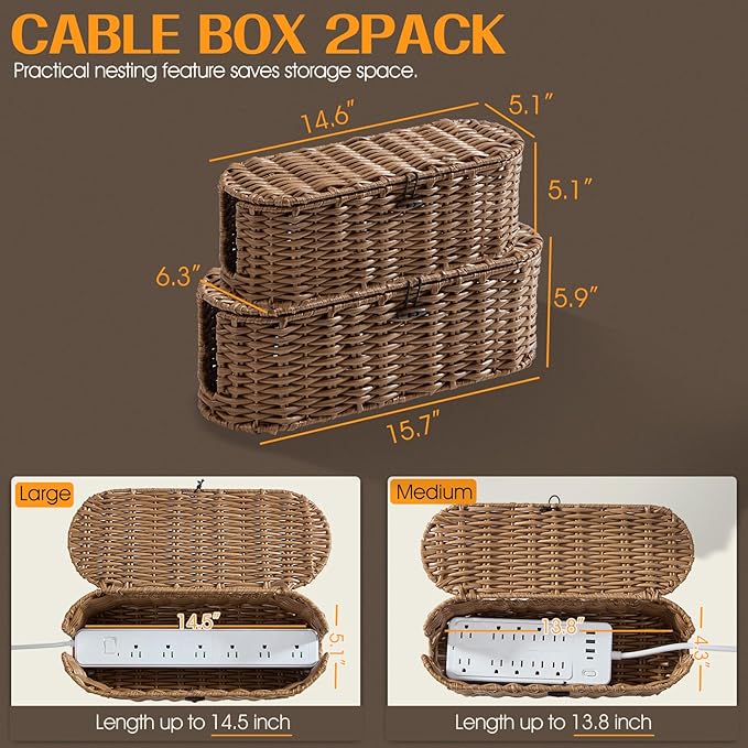 FairyHaus Cable Management Box 2Pack Brown, Handwoven Large and Small Cable Organizer Box Cover to Hide Cords and Power Strip, Imitation Wicker Cord Organizer Box Hider for Office Desk and Floor