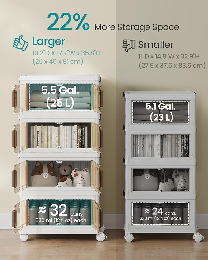 SONGMICS 26QT Plastic Storage Bins with 1 Lid, 4-Tier Stackable Bins with Doors and Wheels, Foldable Storage Boxes, for Closets, Bedroom, Living Room, Office, White URLB445WZ01