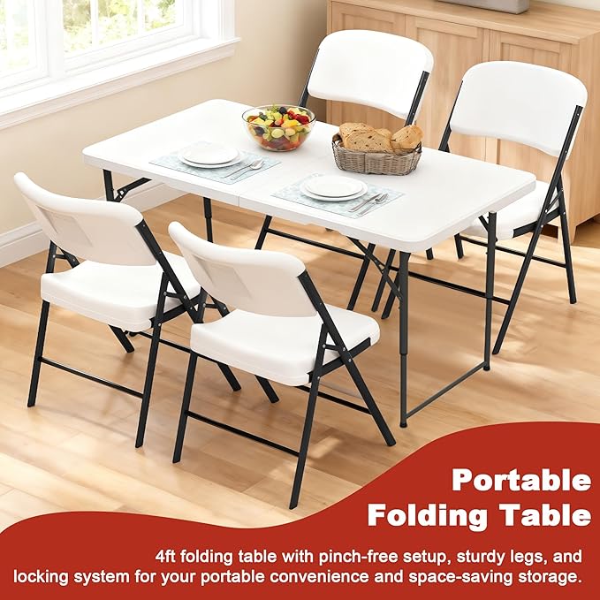 Elevon Folding Table, 4 Feet Heavy Duty Fold-in-Half Utility Table Indoor Outdoor for Camping, Picnic, Party