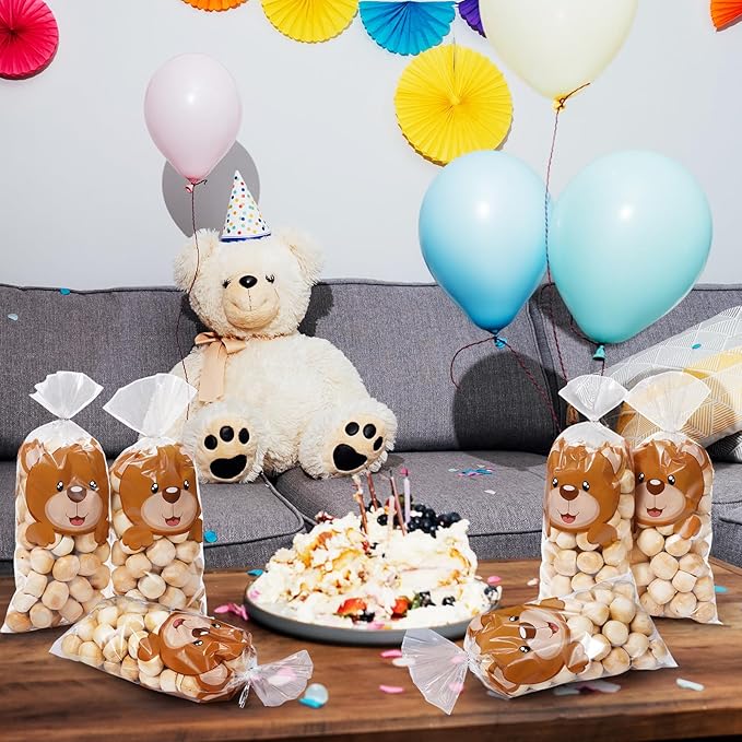 Capoda 100 Pcs Bear Cellophane Treat Bags Baby Shower Candy Bags Bear Theme Party Clear Goodie Snack Cookie Gift Wrapping with Twist Ties for Baby Shower Gender Reveal Boy or Girl Birthday Party