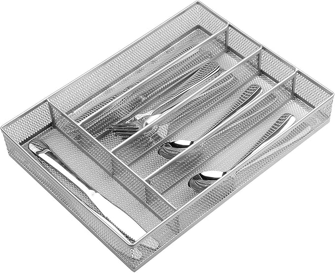 JANE EYRE Drawer Organizer, Cutlery Tray Silverware Flatware Storage Divider for Kitchen, Mesh Wire with Non-slip Foam Feet, 5 Component, Silver