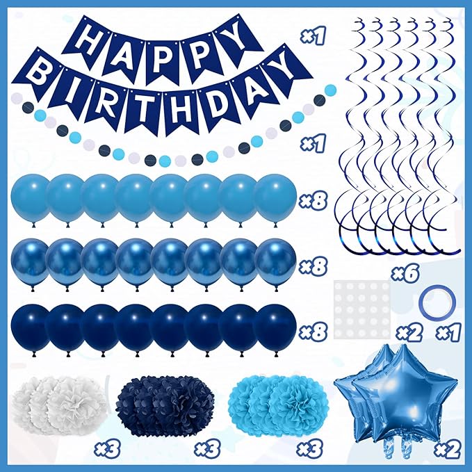 Navy Blue Birthday Decorations, Happy Birthday Banner with Paper Pompoms, Hanging Swirls, Garland, Party Balloons Happy Birthday Party Decorations for Women Men Boys Girls