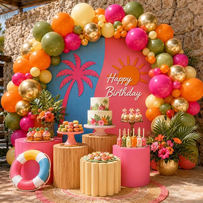Tropical Hawaiian Balloons Arch Garland Kit, Olive Green Hot Pink Orange Yellow Metallic Gold Balloons for Kids Hawaii Summer Beach Luau Aloha Pool Birthday Flamingo Theme Baby Shower Party Decoration