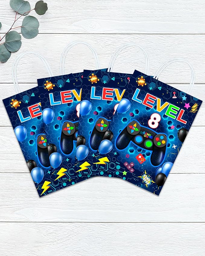 Tyndallrays 16 Pieces Video Game 8th Birthday Party Favors Bags,Video Game Level 8 Gift Snacks Treat Candy Favors Bags with Handles for 8th Birthday Party Decorations