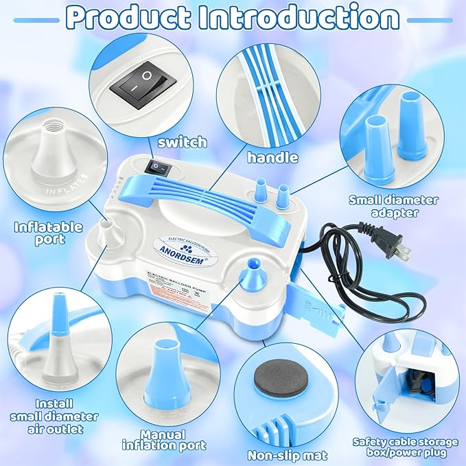 Anordsem Electric Balloon Air Pump: Polypropylene Plastic Case with Dual Nozzle - Quick Inflating for All Balloons at Home - Blower Machine Knotter/Ribbon for Parents Party DIY Decoration