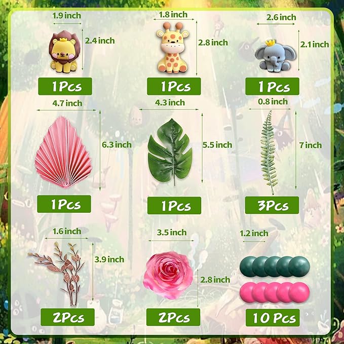 22pcs Safari Jungle Animal Cake Toppers Flower Balls Cake Decoration with Boho Palm Leave Forest Animal Toys and Artificial Flowers for Boys Girls Safari Theme Birthday Party Supplies