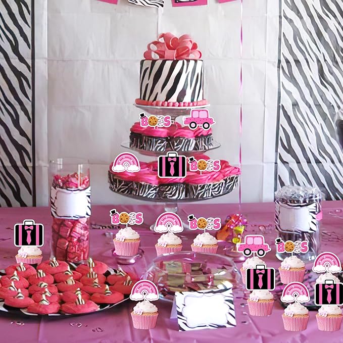 36Pcs Boss Cupcake Toppers for Girls Hot Pink Happy Bossday Theme Birthday Party Decorations Car Boss Theme Table Topper for Baby Boy Boss 1st 2nd 3rd Birthday Party Decor Supplies