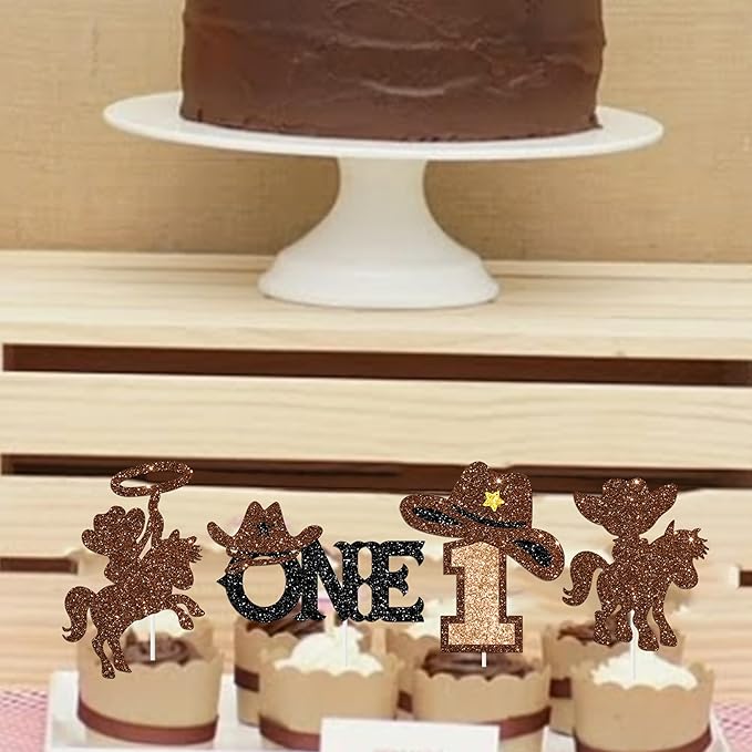 24Pcs Cowboy 1st Birthday Party Cupcake Toppers Western First Birthday Party Decorations Glitter My 1st Rodeo Party Cake Picks for Wild West Cowboy Theme Party Supplies