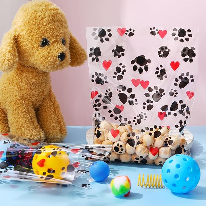 Pasimy 100 Pcs Puppy Dog Paw Gift Bags Plastic Paw Treat Goodie Bags with Handles 9 x 12 Inch for Birthday Holiday Party Favor Supplies Shopping Gift Merchandise Grocery Home Using (Black Red)