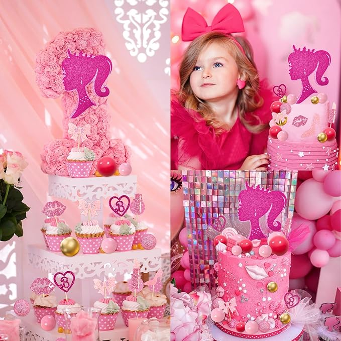 MEMOVAN Hot Pink Girl Cake Topper 31PCS -Princess Makeup Cake Topper Decoration with Pink Gold Ball Glitter High Heel Lipstick Lips Bow Tie for Bachelorette Boho Girl Hot Pink Princess Theme Party