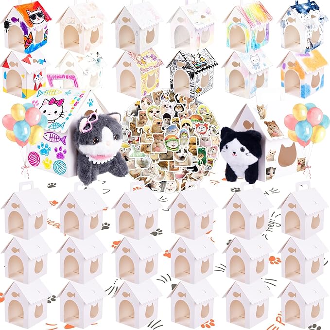 ARELUX 30 Pcs Cat House Shaped Party Favor Boxes, Foldable Pet Adoption Treat Gift Boxes with DIY Stickers - White Blank Goodie Bags for Kitten Birthday, Baby Shower & Cat Themed Events