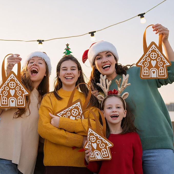 SilTriangle 24 Pcs Christmas Non-woven Gingerbread Bag Party Gift Gingerbread House Shaped Favors with Handles Tote Treat Goodie Candy Bags for Xmas Theme Party Reusable Supplies