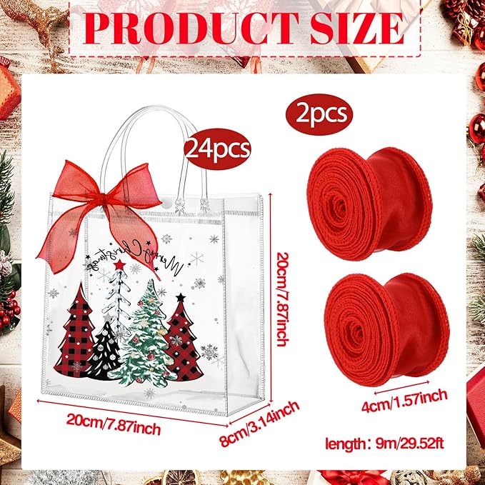 Motipuns 24 Pcs Clear PVC Gift Bags with Handles and Ribbon Party Favor Reusable Plastic Goodie Candy Treat Bags for Birthday Party Supplies(Tree)