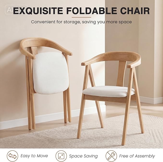 HNY Wooden Folding Chair with Cushion Set of 2, Linen Foldable Dining Chairs Folding Event Chair, Portable Space-Saving Accent Chair with Armrests for Kitchen Dining Living Room Small Spaces, Beige