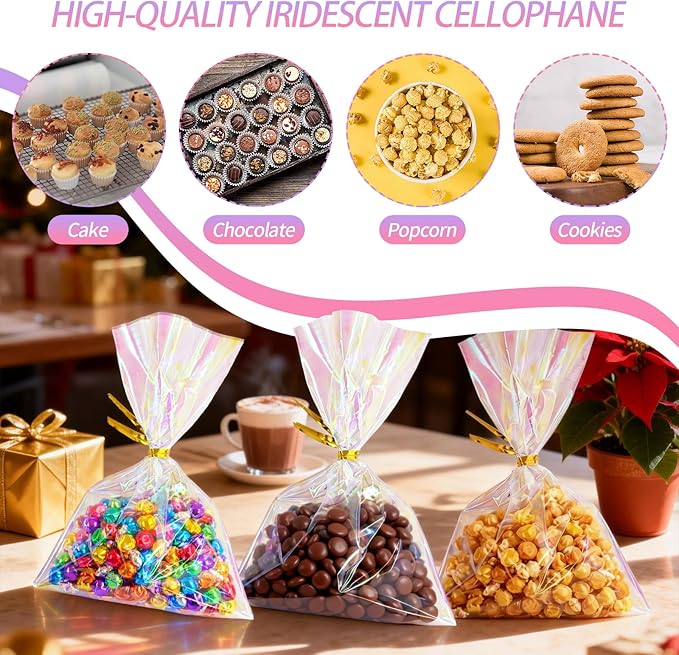 Amzlysdok 100PCS Iridescent Cellophane Bags,4 x 6 Inches Treat Bags with Twist Ties for Candy, Snacks, Cookies,Party Favors, and Gift Wrapping