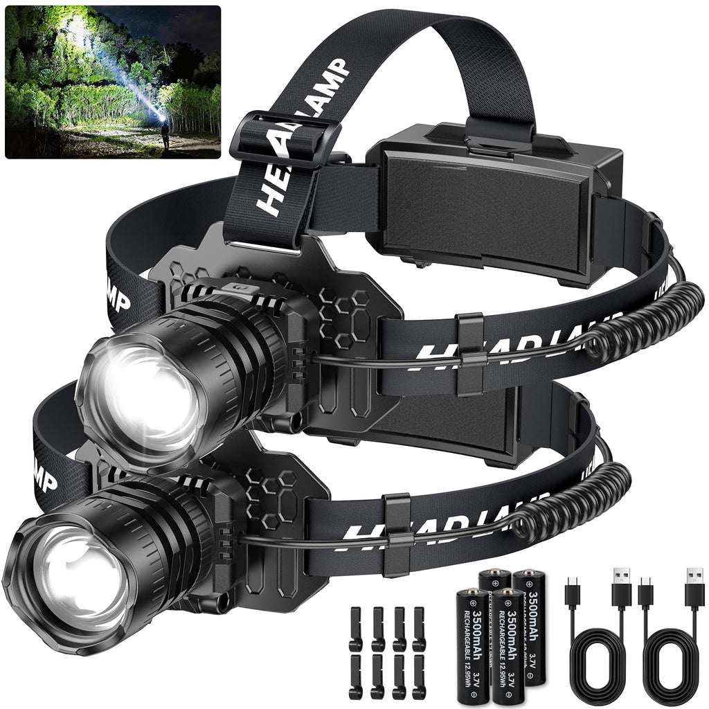 Curtsod Rechargeable LED Headlamp 2-Pack - 99000 Lumens Super Bright with Motion Sensor & 90° Rotation - Waterproof Headlight for Camping, Hiking, Running - 3 Light Modes