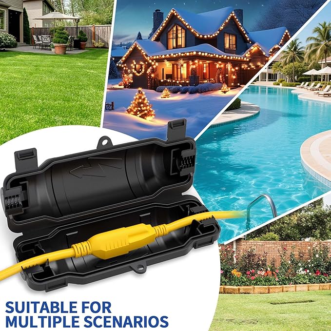 1 Pack Outdoor Extension Cord Safety Cover with Waterproof Seal IP54 Water-Resistant, Weatherproof Electrical Connection Box with 2 Latches, Plug, Socket, Holiday Decoration Light, Black