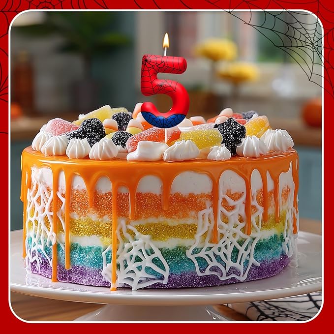 Spider Themed Birthday Candles Number 5 Red Blue Spider Web Themed Cake Topper Candle Party Decoration Birthday Party Celebrations Supplies Favors(Number 5)