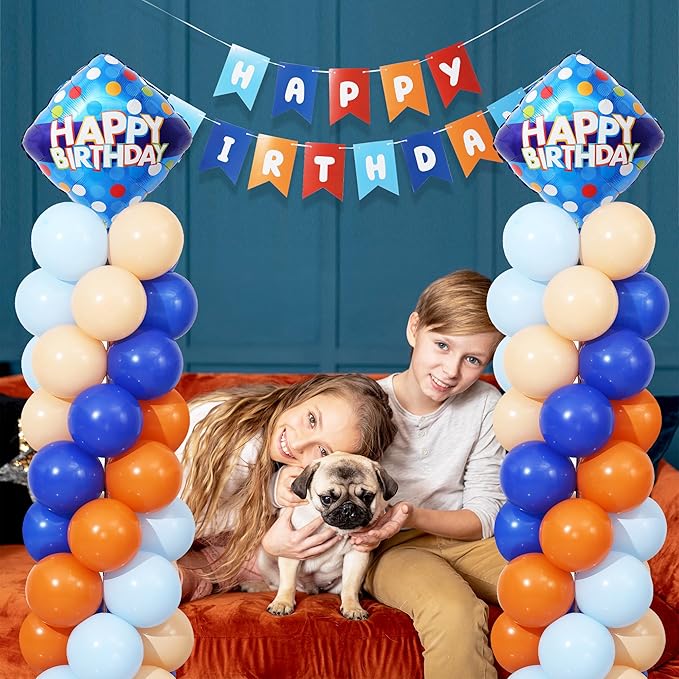 Blue and Orange Balloon Column Stand Kit Set of 2 with Birthday Banner, 7 Feet Height Orange Blue Adjustable Metal Balloon Towers for Cartoon Dog Theme Birthday Party Decorations Supplies