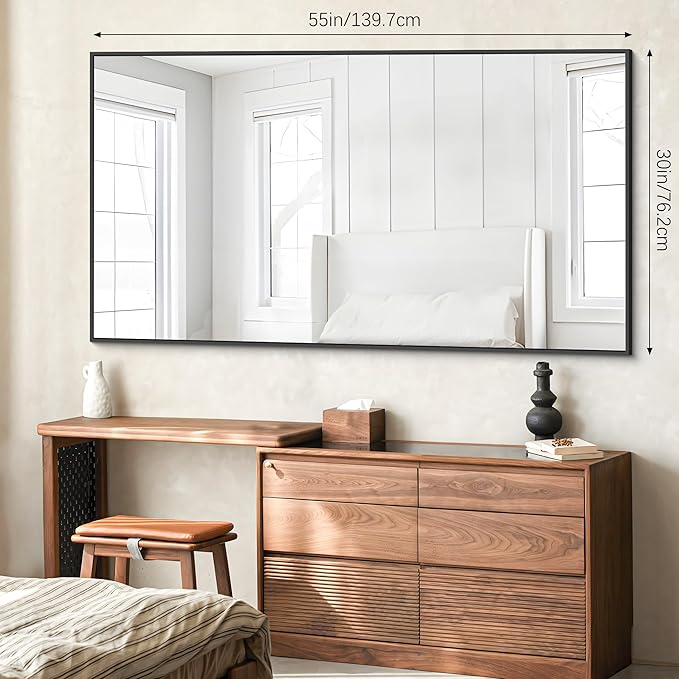 BONEWEI Bathroom Mirror, 30x55 inch Wall Mirror for Bathroom Wall Mounted Black Rectangle Square Corner Mirrors, Black Bathroom Mirror for Living Room, Farmhouse, Bedroom Entryway, Horizontal/Vertical