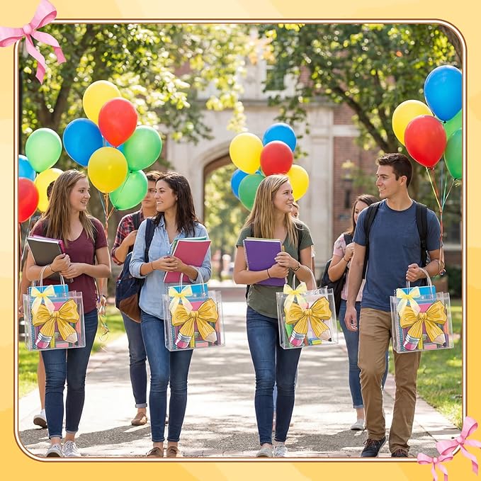 Motipuns 24 Pcs Clear PVC Gift Bags with Handles and Ribbon Party Favor Reusable Plastic Goodie Candy Treat Bags for Birthday Party Supplies (Pencil)