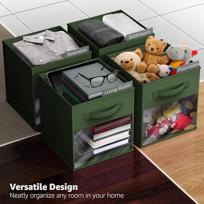 Sorbus 13 Inch Storage Bins with Clear Window - 6 Foldable Baskets for Organizing Clothes, Toys, Books - Sturdy Collapsible Fabric Storage Cubes with Handle - Storage Baskets for Shelves, Closets