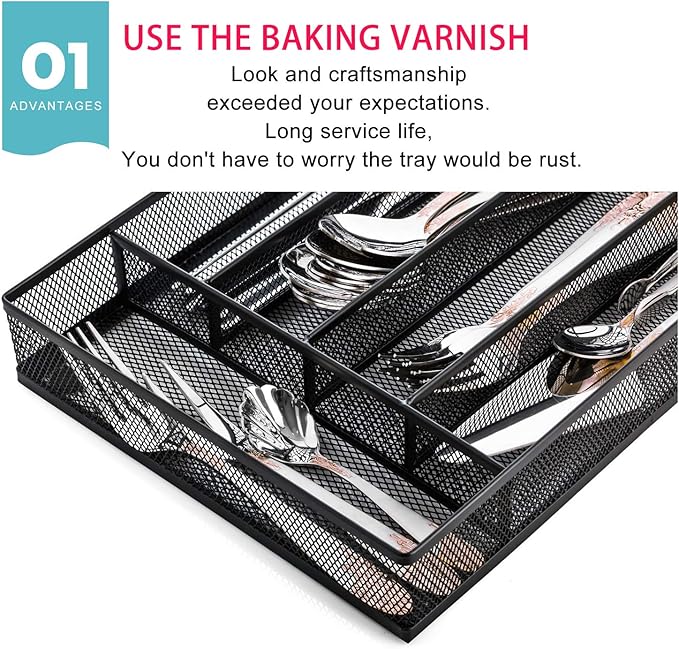 JANE EYRE Utensil Drawer Organizer, Cutlery Tray Silverware Flatware Storage Divider for Kitchen, Mesh Wire with Non-slip Foam Feet, 5 Component, Black