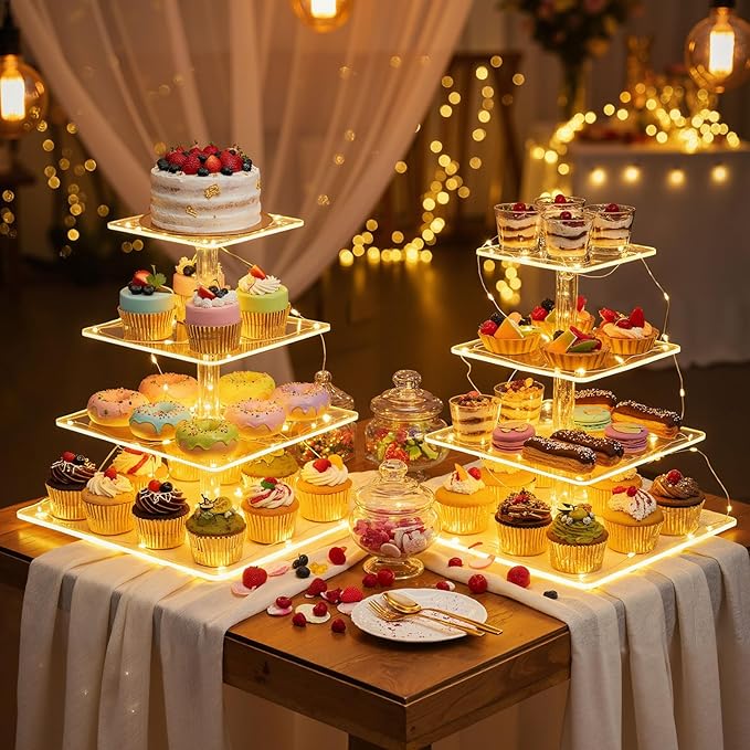 2 Pack 4 Tier Cupcake Stand with LED String Light Acrylic Cupcake Display Stand Clear Dessert Display Holder for Birthday, Wedding, Baby Shower, Party