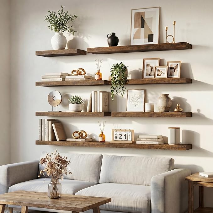 Venusmiles Floating Shelves for Wall, 32 Inch Floating Shelves Set of 2, 6.5" D Wooden Wall Mounted Display Shelves with Invisible Brackets for Living Room, Bedroom, Bathroom, Kitchen Decor, Brown