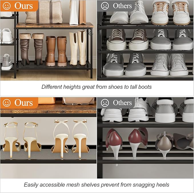 Shoe Rack Bench Storage Organizer for entryway,6-Tier Industrial Free Standing Shoe and Boot Racks with Seat,Entrance Shoe Rack Organizer Shelves for High Heels,Hallways, Closets,Brown,48.7in