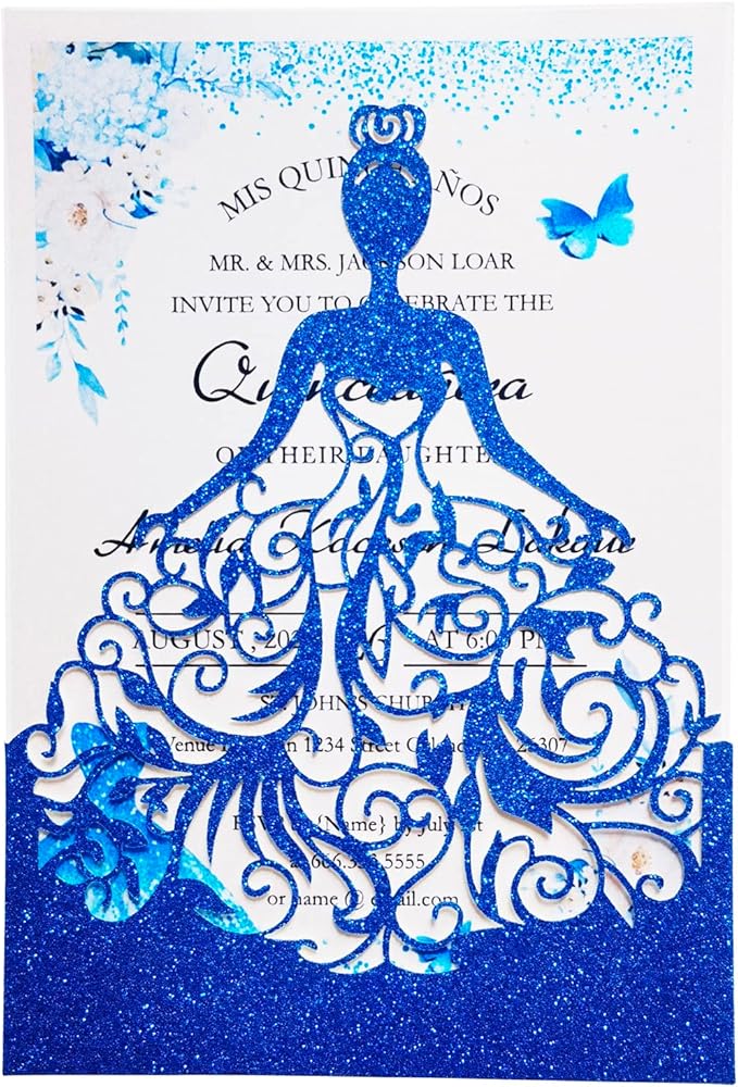 5 x7.3 Inch 20PCS Royal Blue Quinceanera Invitations Cards, Sweet 16 Laser Cut Girl Princess Invitation Card Kit with Envelopes for Wedding, Party, Quinceañera, XV Años, Mis Quince (Royal