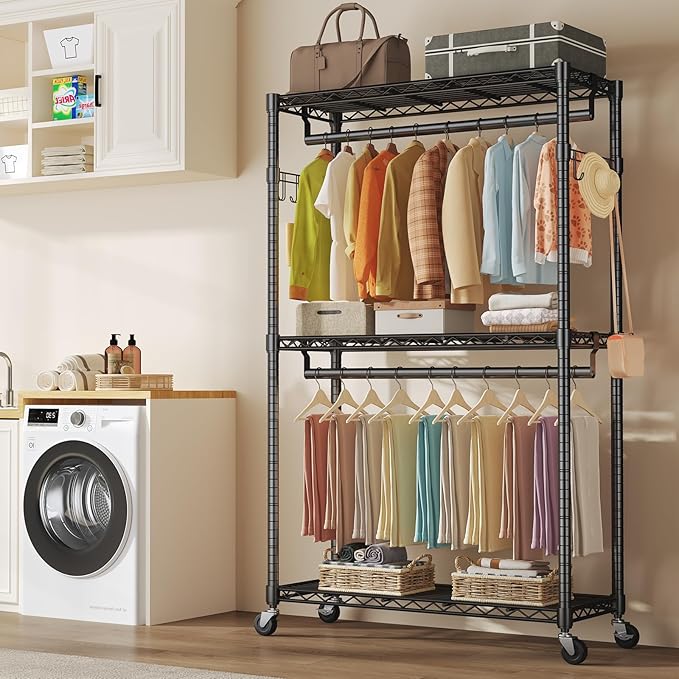 NEWBULIG Heavy Duty Adjustable Clothes Rack with Wheels, Adjustable Rolling Metal Freestanding Garment Closet Organizer with Double Rods & 2 Side Hooks for Hanging Clothes, 47"x17"x80", Black