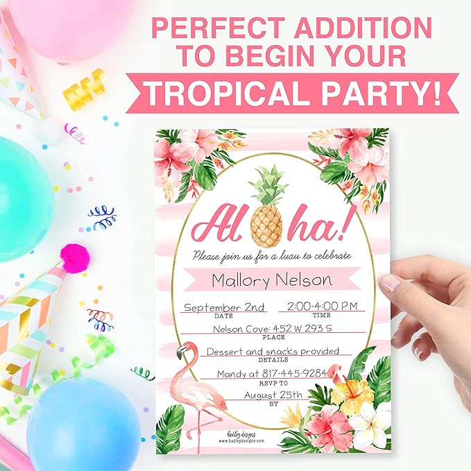 Hadley Designs 25 Pool Party Invitations for Girls, Tropical Hawaiian-Themed Birthday Invitations for Kids & Adults, Perfect for Birthday, Beach, and Summer Parties