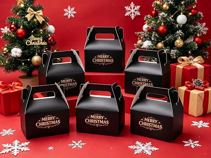 XAGLVV 24 Pack Black Paper Gable Boxes with Handles, Treat Goodie Party Favor Gift Box for Wedding, Birthday, Baby Shower, Graduation Decoration Supplies