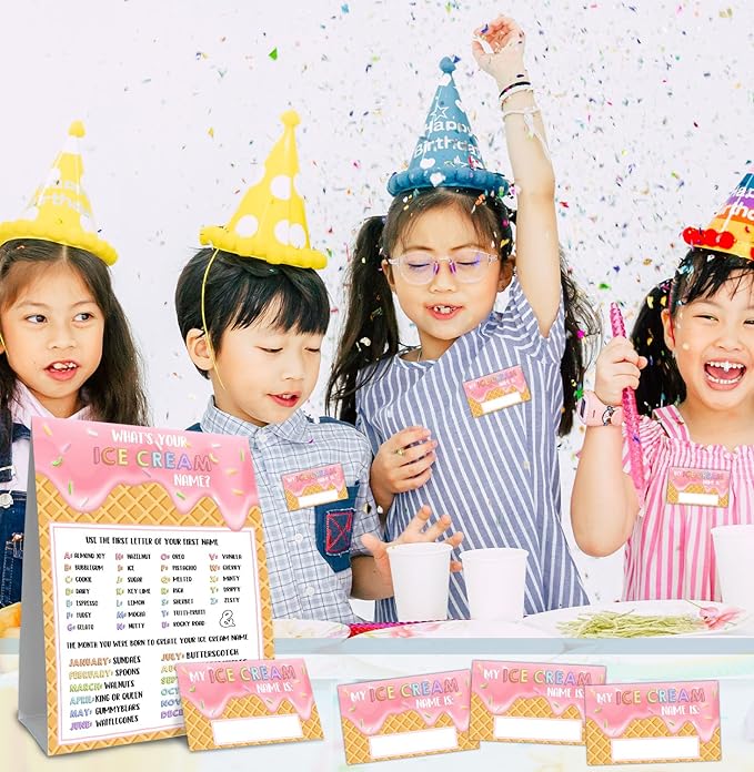 What's Your Ice Cream Name, Ice Cream Decorations for Birthday Party, 30PCS Sticker Name Cards for Birthday Party Supply