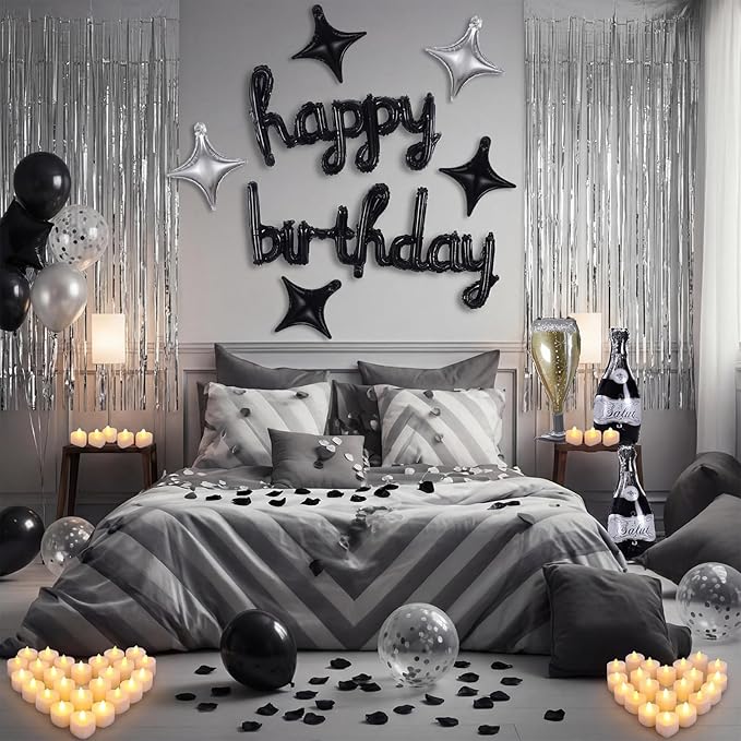 Realspring 120 Pcs Happy Birthday Decorations Set Balloons Letters Banner with Candle LED Light Champagne Bottle Wine Glass Rose Petals for Birthday Party Room Decor(Black and Sliver)