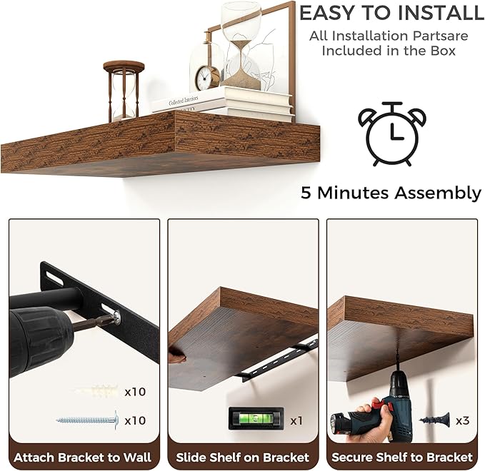 Venusmiles Floating Shelves for Wall, 32 Inch Floating Shelves Set of 2, 6.5" D Wooden Wall Mounted Display Shelves with Invisible Brackets for Living Room, Bedroom, Bathroom, Kitchen Decor, Brown