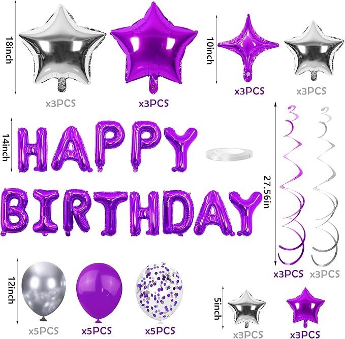 56 PCS Happy Birthday Balloons Happy Birthday Banner Purple and Silver Balloons for Boys Men Girls Women 16th 18th 20th 21st 25th 30th 40th 50th 60th Birthday Party Decorations